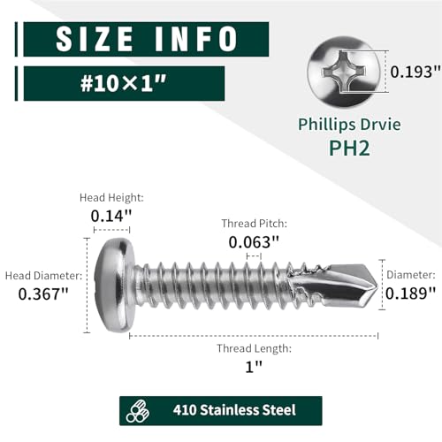 #10 x 1 Pan Head Self Drilling Screws, Phillips Drive, 410 Stainless Steel Sheet Metal Screws,Self Tapping, Dovetail, Pack of 100 - size: #10 x 1"