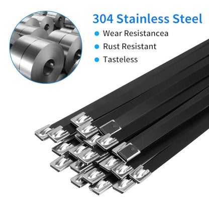 Armpow Metal Zip Ties Black 40 inch 408LB 25pcs Heavy Duty 304 Stainless Steel Epoxy Coated Locking Cable Exhaust Wrap Multi Purpose Binding for Machinery, Vehicles, Farms, Cables, Pipes,Fence - size: 40 inch