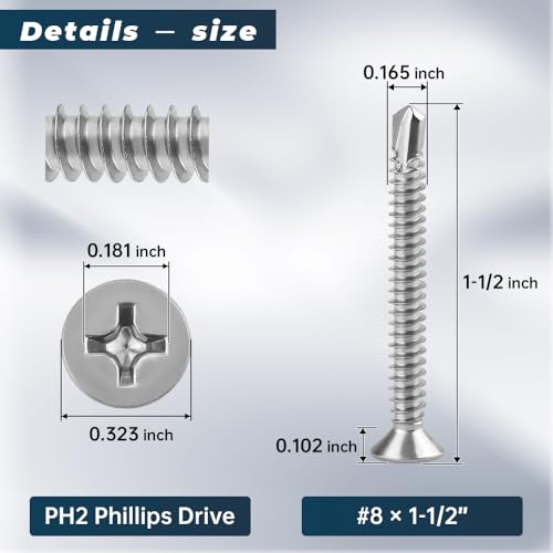 Glvaner 60pcs #8 x 1-1/2" Phillips Flat Head Self Drilling Screws, Stainless Steel 410, Flat Head Self Quick Self Tapping Screws for Sheet Metal Wood Plastic, Without Pre-drilled Holes - size: #8 x 1-1/2
