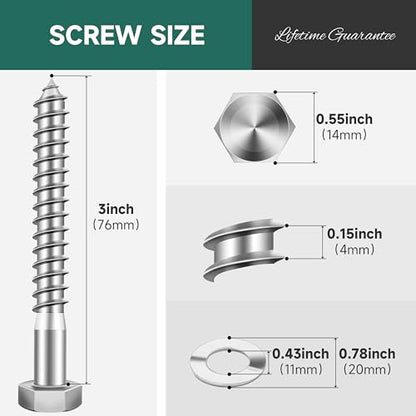 (10Sets) 3/8 Bolt, 3/8" x 3" Hex Head Lag Screws, Heavy Duty Lag Bolts with Washers, 304 Stainless Steel 18-8, 3/8 Bolt for Wood, Partial Thread - size: 3/8" x 3"