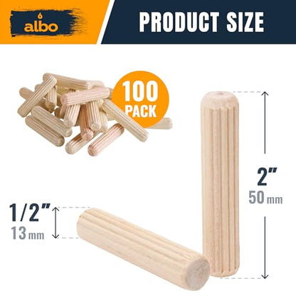 ALBO 100 Pcs. Fluted Wood Dowel Pins for Woodworking, 1/2 x 2 Inch - size: 1/2"x2"-100Psc