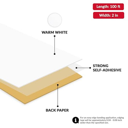 White PVC 2 inch x 100 ft Edge Banding Tape Peel Stick Adhesive Edging Veneer Trim Flexible Vinyl Strip Molding Wood Cabinet Laminate Shelf Furniture Countertop Formica Plywood Board Repair - color: White, size: 2 inch x 100 ft