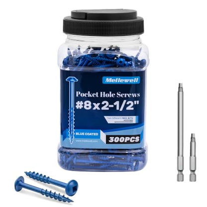 Mellewell #8 x 2-1/2" Blue Coated Pocket Hole Screws, Square Drive Self Tapping Wood Screws, Coarse Thread Anti-Rust Coated Wood Screw, 65MM 150MM Drive Bits Included, Carbon Steel, 300 PCS - color: Blue, size: #8 x 2-1/2"