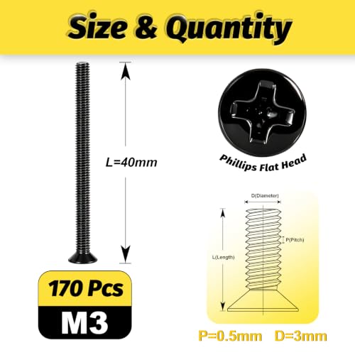 KADRICK M3 x 40mm Countersunk Screws, 170PCS, M3 Flat Head Screws - size: M3x40mm 170PCS
