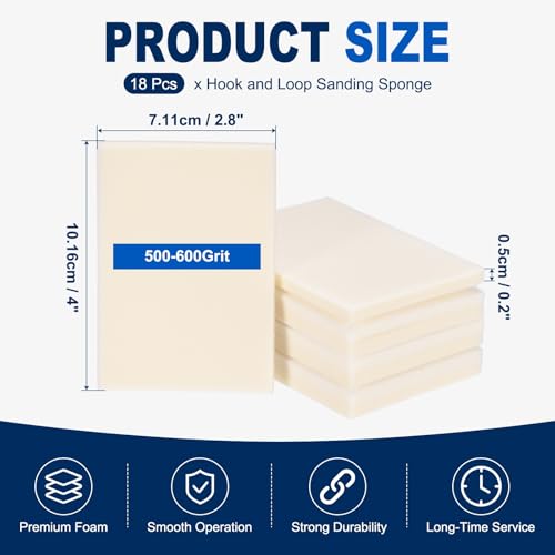 18Pcs 500-600Grit Sanding Sponges, 4x2.8In Hook & Loop White - size: 500-600 Grit
