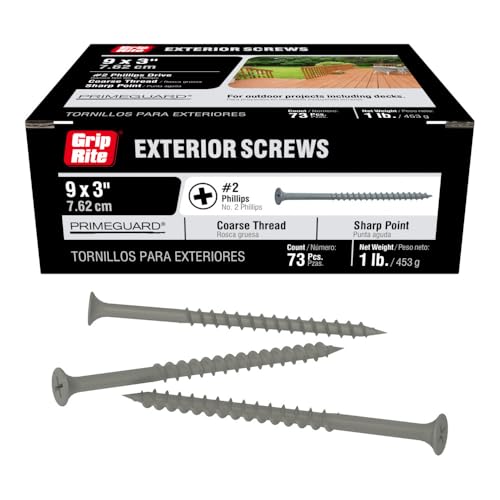 Grip-Rite Exterior Screws - Safe for Use in Treated Lumber - #2 Phillips Bugle Head - Coarse Thread Deck Screws - PrimeGuard Coating - 1lb Box - #9 x 3 - Gray - PTN3S1