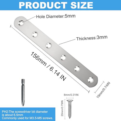 8 Pack Straight Brace,Flat Brace 6.1” x 0.75”,Stainless Steel Flat Metal Braces,Repair Bracket with Screws - size: 156mm/8 Pcs
