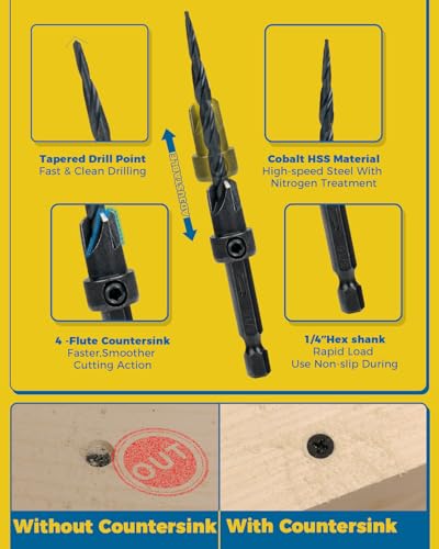 Countersink Drill Bit Set, 16PCS Tapered Bits with Plug Cutters