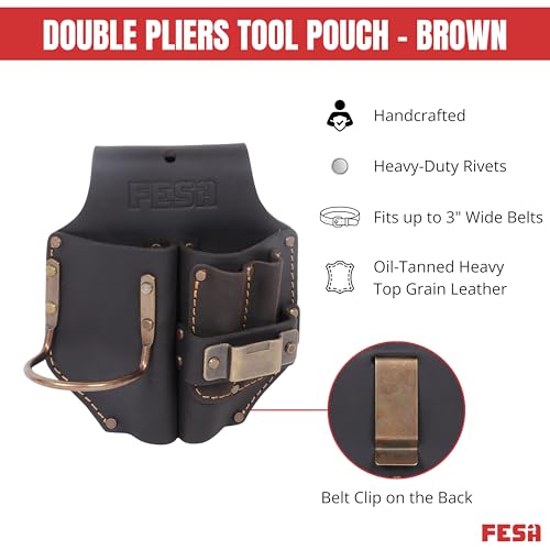 FESA Durable Leather Pliers Holster - Leather Double Plier Holder for Belt with Steel Hammer Holder, Tape Clip & 2 Carpenter's Pencil Pockets - Clip On Any Belt - Handcrafted - color: Brown