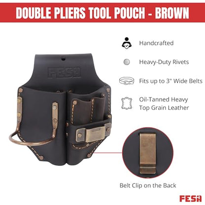 FESA Durable Leather Pliers Holster - Leather Double Plier Holder for Belt with Steel Hammer Holder, Tape Clip & 2 Carpenter's Pencil Pockets - Clip On Any Belt - Handcrafted - color: Brown