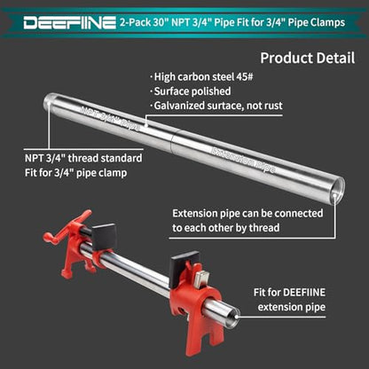 2-Pack 3/4" x 30" Steel Pipes for Pipe Clamp with Extended Design﻿ - size: 2PCS Steel Pipe + 2 PCS Extension Pipe