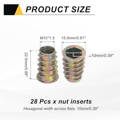 MECCANIXITY 28 Pcs Threaded Inserts for Wood, Zinc Alloy M10 Thread Inserts Nuts Hex Socket Drive Screw 22.5mm Length for Furniture, Cabinet, Tables and Chairs - size: M10x22.5mm