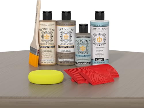Retique It Wood Finish Tabletop Kit – Go Beyond Faux Wood Including Paintable Liquid Wood Based Primer, Gel Stain - Graining Tools Included - color: 50 Weathered Wood, size: Tabletop Kit