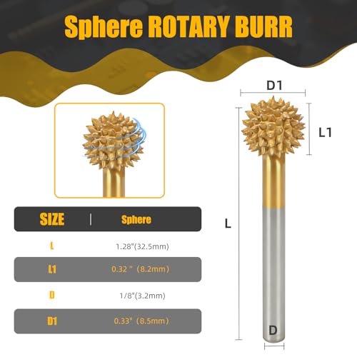 CAELUM Titanium-Coated Sphere Carbide Rotary Burr, 1/8" Coarse Carving Kit - color: Titanium Coated Sphere