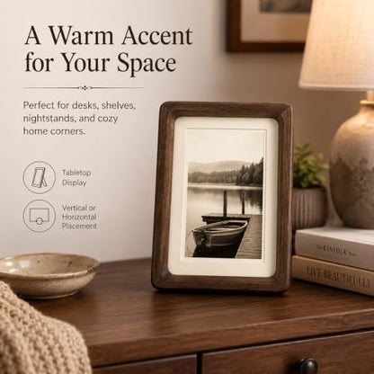 Solid Walnut Picture Frame with Plexiglass, Solid Wood Tabletop Photo Frame with Decorative Joinery Corners, Horizontal or Vertical Display (walnut wood, 6x8 Photo matted to 4x6) - size: 6x8 Matted to 4x6