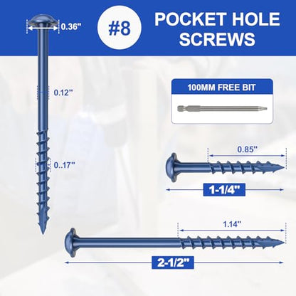 #8 Pocket Hole Screws 2-1/2 Inch, 320Pcs Coarse Thread Wood Screws, Square Drive, Washer Head, 4-Layer Coating, Drive Bit Included (Blue) - color: Blue, size: #8 x 2-1/2"