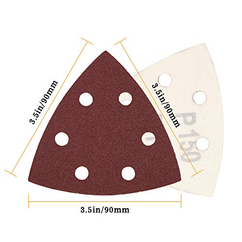 SPEEDWOX 50 Pcs Triangle Sanding Pads Hook and Loop 150 Grit Oscillating Sanding Pad 90mm 6 Holes Fit 3-1/2 Inches Oscillating Multi Tool Detail Sander Sandpaper Triangle Sanding Discs Sanding Tool - style: 150 Grit