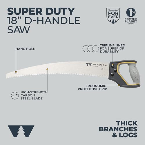 Woodland Tools Super Duty D-Handle Pruning Saw – Curved Tree Saw with Hardened Steel Blade, Aggressive Teeth, Non Slip Grip – Manual Tool for Limb Cutting, Branch Removal, and Yard Work - style: Super Duty D-Handle Saw