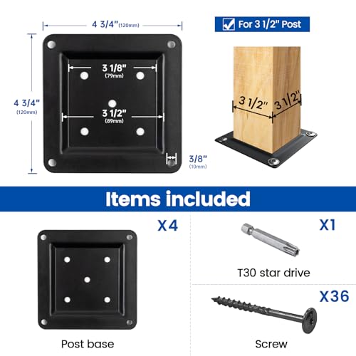 Muzata 4Pack 3.5"x3.5" Carbon Steel Wood Post Plate Connector WT25 - size: 3.5"x3.5"