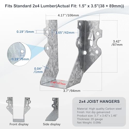 LukLoy 10 Pack 2x4 Joist Hanger 20 Gauge Galvanizing Face Mount Joist Hangers for Wood - size: 2" x 4"