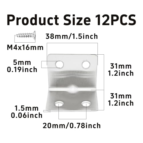 12PCS 38x30x30mm Stainless Steel Corner Braces, 90 Degree L-Shaped Support Brackets, 4 Holes Right Angle Shelf Brackets for Furniture, Cabinets, Shelves with Screws(Silver) - size: 4 Holes