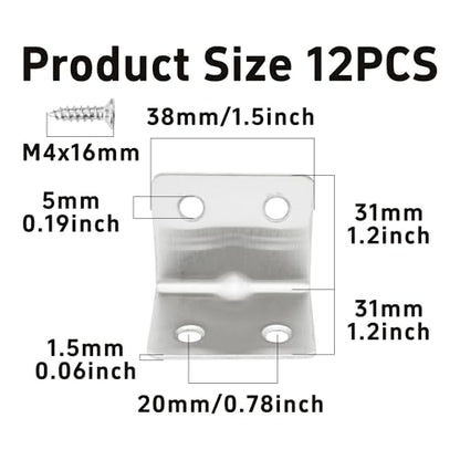 12PCS 38x30x30mm Stainless Steel Corner Braces, 90 Degree L-Shaped Support Brackets, 4 Holes Right Angle Shelf Brackets for Furniture, Cabinets, Shelves with Screws(Silver) - size: 4 Holes