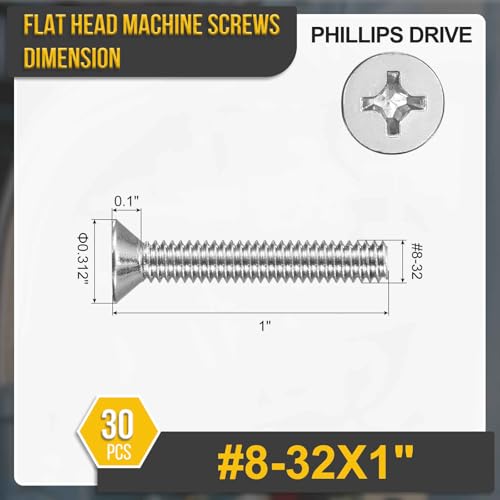 DTGN #8-32x1 Phillips Flat Head Machine Screw 304 Silver 30pcs - color: Silver, size: #8-32x1"