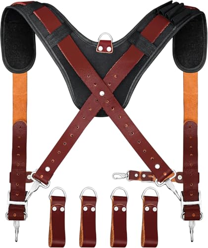 FUERI Leather Tool Belts with Suspender for Men, Heavy-Duty Durable Carpenter Tool Rig Organizer With 19 Pockets-2 Pouches, Padded Suspender, Hammer Holder, D-Loops & Foam-Padded Belt Electricians - color: Maroon Tool Belt and Maroon Suspender