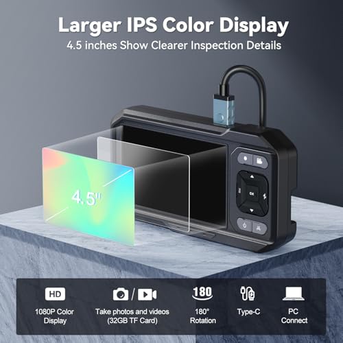 4.5 Inch Dual-Lens Industrial Endoscope, 1080P Photo Video Borescope Inspection Camera, 5.5mm IP67 Waterproof Snake Camera, 8+1 LED Lights, 16.5FT Cable, 32GB - size: 4.5" Dual Lens Endoscope