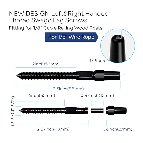 10 Pair Black Cable Railing Kit, Invisible Crimp Fitting Deck Cable Railing Hardware, Right&Left Handed Thread Swage Lag Screws for Wood Post of 1/8" T316 Steel Cable Railing System, HF016BL - color: Black