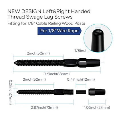 20 Pair Black Cable Railing Kit, Invisible Crimp Fitting Hardware, Right & Left Handed Thread Swage Lag Screws for Wood Post of 1/8" T316 Steel Railing System, HF016BL - color: Black