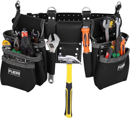 FUERI Construction Tool Belt/Tool Rig for Men & Women with Suspender, Leather Utility Belt Organizer with 17 Pockets, Full-Grain Leather, Double stitching and rivet reinforcement. - color: Black Tool Belt With Suspender