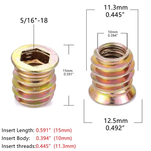 50 Pcs 5/16"-18x15mm Threaded Inserts for Wood for Furniture Reinforcement - size: 5/16"-18x15mm