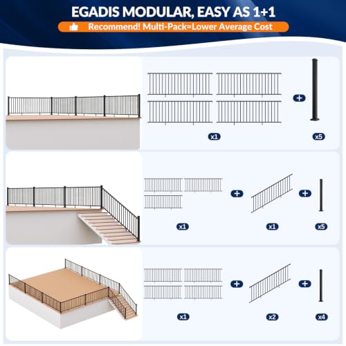 Egadis 2 Pack 42 in x 6 ft Aluminum Porch and Deck Railing Kit Without Post - color: Level 6ft - 2 Panel