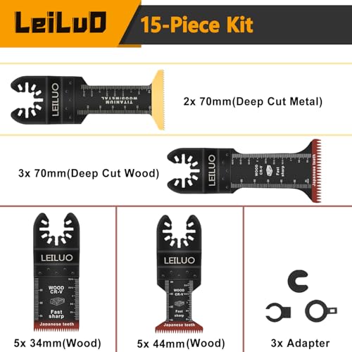 LEILUO 15Pcs Oscillating Tool Blades for Wood Metal, Multitool Blades Set