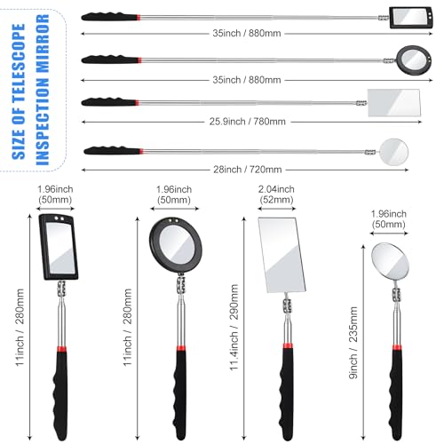 BBTO 4 Pcs LED Telescoping Inspection Mirror,Classic Style,Various Sizes - size: Various Sizes, style: Classic Style