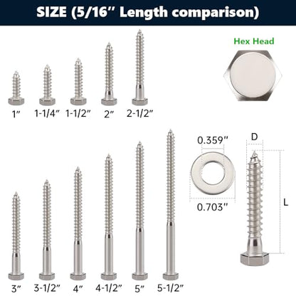 20-Sets 5/16 x 1 Hex Head Lag Screws & Flat Washers, Heavy Duty Lag Wood Screws, 304 Stainless Steel (18-8), 5/16" Bolt - size: 5/16 x 1