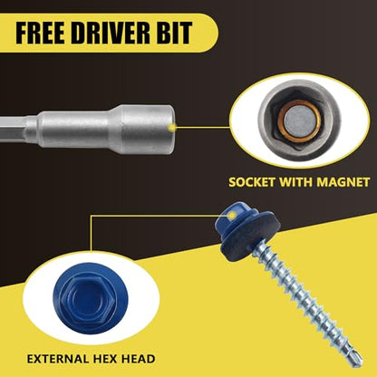 250PCS #10 x 1-1/2" Blue Hex Head Self-Drilling Metal Roofing Screws - color: Blue, size: 1-1/2 in