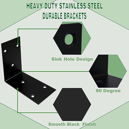 16Pcs Raised Garden Bed Corner Brackets, 4Inch Stainless Steel Bracket, Black Angle Brackets, L Corner Brace, Heavy Duty L Brackets 90° Metal Bracket for Wooden Furniture Timber （4 Different Sizes） - size: 16PCS-4'' L Brackets