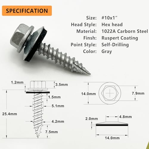 #10 x 1 Hex Head Sheet Metal Roof Screws, Rustpert Coating Metal to Wood siding Screws, 60 Pieces - size: #10x1''