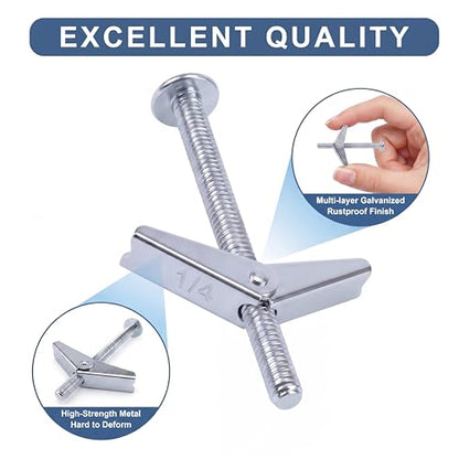 100-Pack 1/4" x 4" Toggle Bolts, Heavy Duty Spring Toggle Anchors for Thick Drywall and Plaster, Zinc Plated Steel Hollow Wall Butterfly Bolts for Mounting Shelving Cabinets TV Brackets - size: 1/4" x 4"
