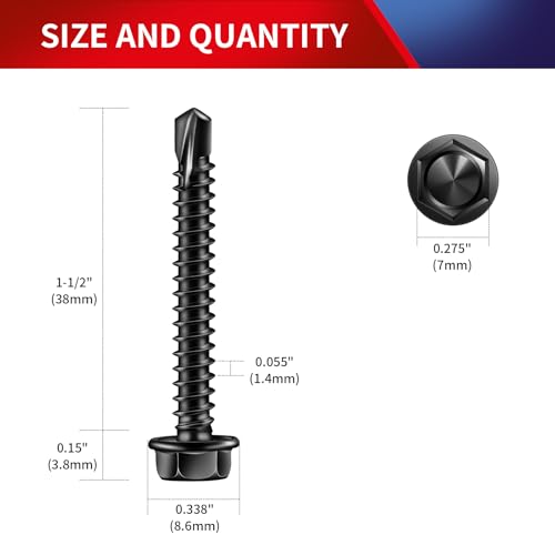 #8 x 1-1/2" Self Drilling Screws (131Pcs) Hex Washer Head 410 Stainless Steel Self Tapping Screws for Metal Sheet Metal Screws Black Oxide with Hex Socket Included - color: Black, size: #8 x 1-1/2"