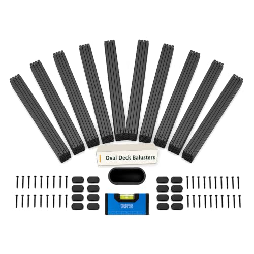 ZONEGRACE 100 Pack 36 Inch Black Deck Balusters, Smooth Oval Metal Spindles and Pickets for Face Mount Wood Porch Patio Railing, with Bubble Level Spacing Gauge, Pre-Installed End Plugs and Screws - size: 36 Inch