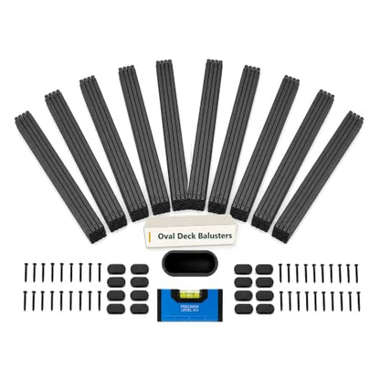 ZONEGRACE 100 Pack 26 Inch Deck Balusters, Smooth Oval Black Metal Spindles and Pickets for Face Mount Wood Porch Patio Railing, with Bubble Level Spacing Gauge, Pre-Installed End Plugs and Screws - size: 26 Inch