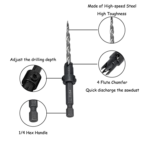 Countersink Drill Bit Set 5PCS 11/64" Wood Bit for Woodworking - size: 7PCS