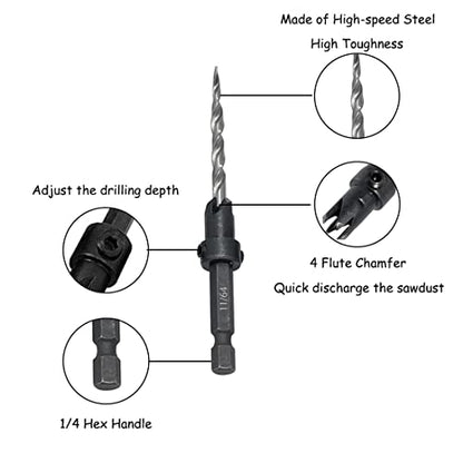 Countersink Drill Bit Set 5PCS 11/64" Wood Bit for Woodworking - size: 7PCS