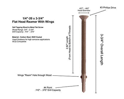 U-Turn 1/4-20 x 3-3/4 Flat Head Reamer with Wings, WAR Coated (20 Pack) - color: 1. Package Size - Small, size: (25375) 1/4"-20 x 3-3/4" WAR Coated