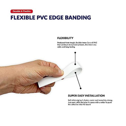 White PVC 1/2 inch x 100 ft Edge Banding Tape Peel Stick Adhesive Edging Veneer Trim Flexible Vinyl Strip Molding Wood Cabinet Laminate Shelf Furniture Countertop Formica Plywood Board Repair - color: White, size: 1/2 inch x 100 ft