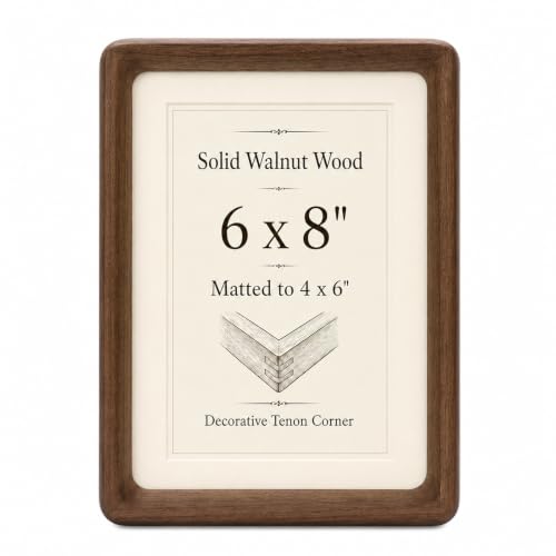 Solid Walnut Picture Frame with Plexiglass, Solid Wood Tabletop Photo Frame with Decorative Joinery Corners, Horizontal or Vertical Display (walnut wood, 6x8 Photo matted to 4x6) - size: 6x8 Matted to 4x6