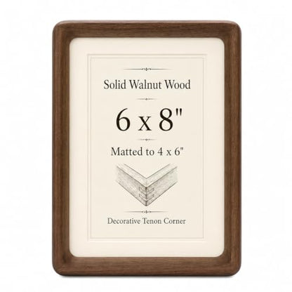 Solid Walnut Picture Frame with Plexiglass, Solid Wood Tabletop Photo Frame with Decorative Joinery Corners, Horizontal or Vertical Display (walnut wood, 6x8 Photo matted to 4x6) - size: 6x8 Matted to 4x6